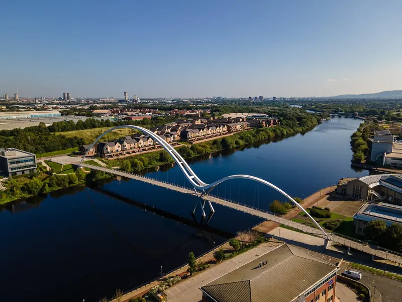Aerial photograph of the Infinity Bridge over the River Tees in Stockton