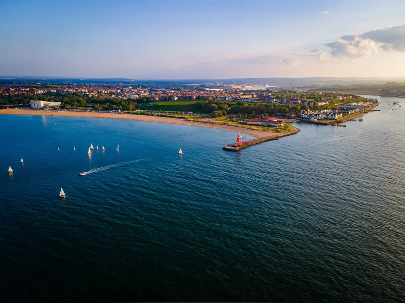 Aerial photograph of South Shields seafront and the mouth of the River Tyne