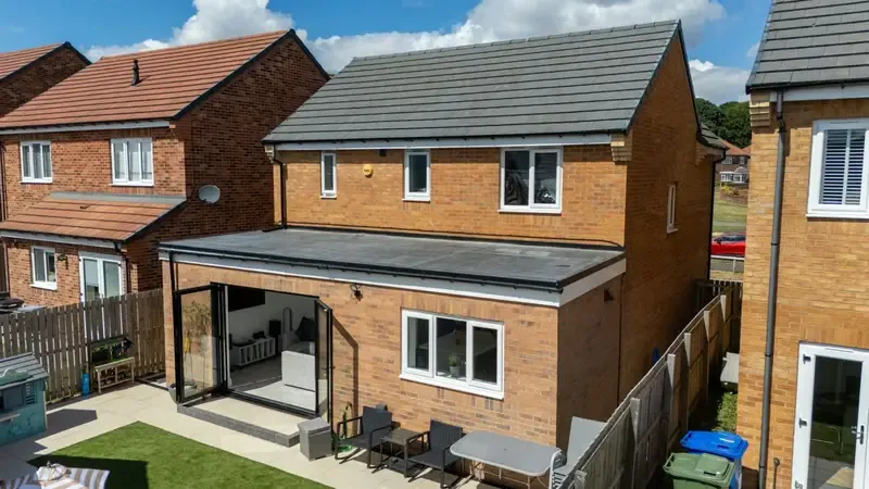 Drone view of a finished rear extension built by Gray’s Signature Builds
