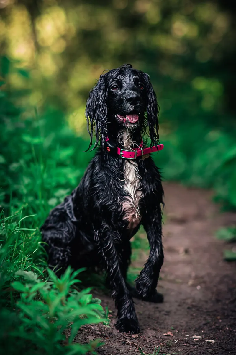 Black spaniel sitting on a woodland path surrounded by green leaves