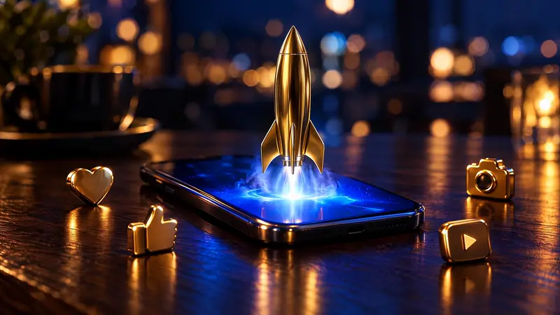 A gold rocket standing on a glowing smartphone screen on a café table at night, surrounded by gold social media icons